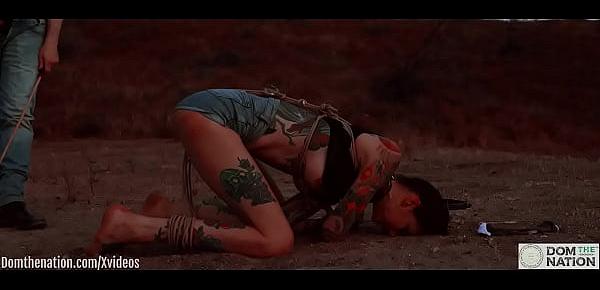  Ass eating bondage slave cries while her feet get caned outdoors in the dirt - Rocky Emerson